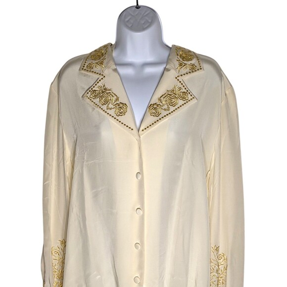 NWT Vtg DVF 100% Silk Blouse Sz L Ivory Gold Floral Embroidery Luxury Designer - Picture 4 of 15
